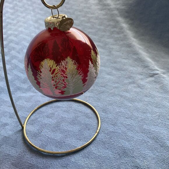 Bronner's Christmas Ornament GOLD Flocked Trees Hungary RED Glass Ball 3" Round - Picture 7 of 8